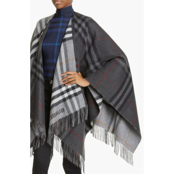 NEW BURBERRY CASHMERE PLAID CHECK PONCHO CAPE SHAWL GRAY NWT! - Picture 5 of 13